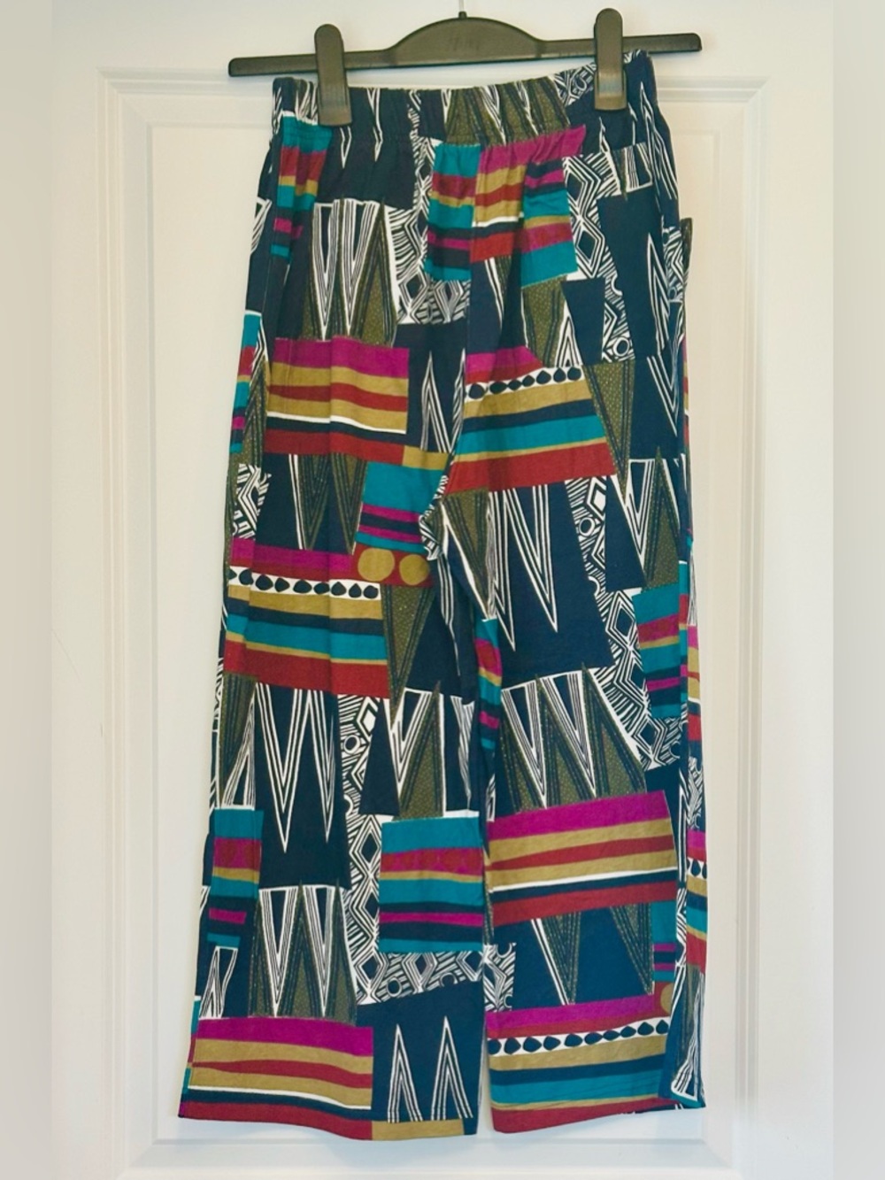 GIL AIMBEZ Pant Vibrant Funky Fun Geo Hi Rise Wide Leg Cotton Elastic Waist M